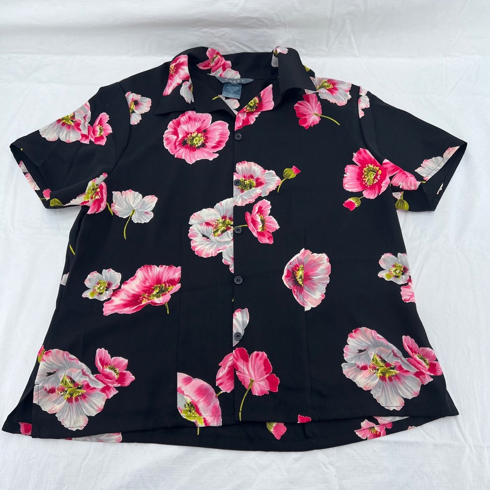 Koret Womens Black Pink Poppy Floral Shortā Sleeve Button Down Blouse Size 12
